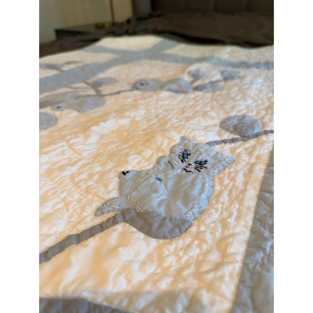 Vintage Handmade Baby Quilt Blue Applique Kitten Cat Nursery Blanket Cottagecore